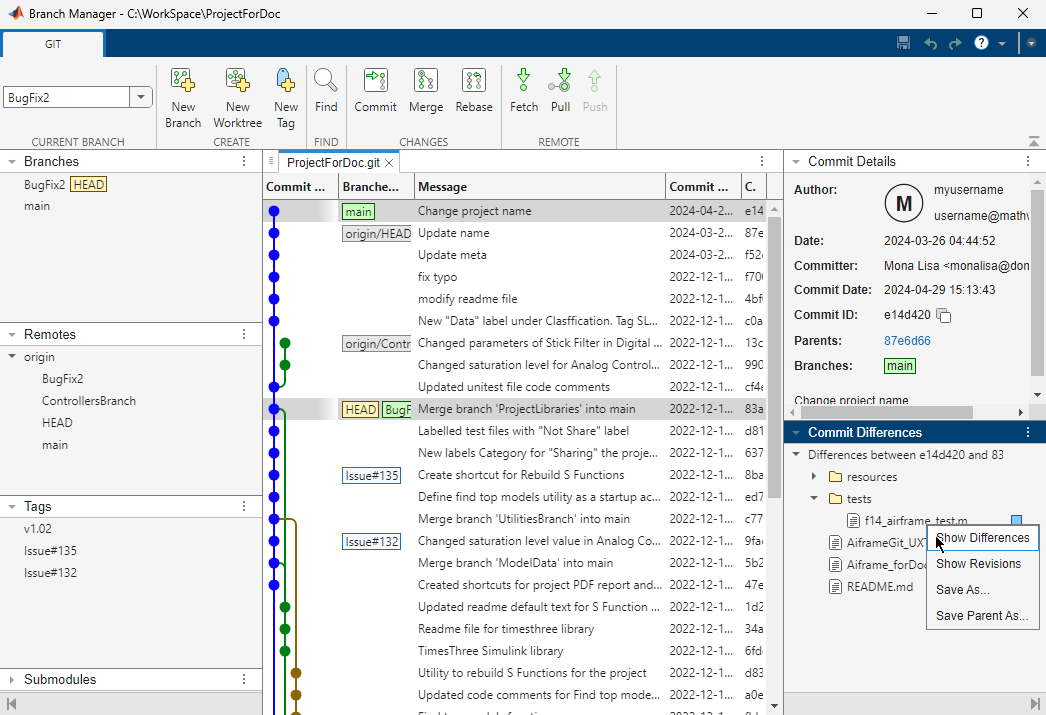 Branch Manager shows two commits selected in the graph. A list of modified files on the right shows the context menu for a file with the pointer on the Show Differences option.