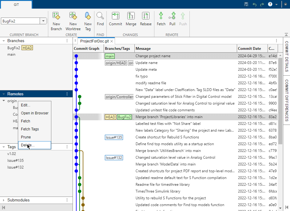 Left pane of the Branch Manager with a context menu on a remote in the Remotes section