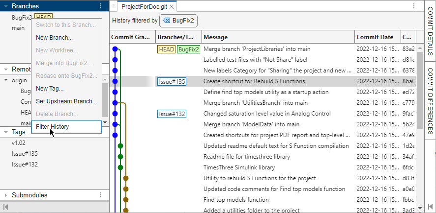Filter by branch capability in Branch Manager. The graph only shows commits on the selected branch.
