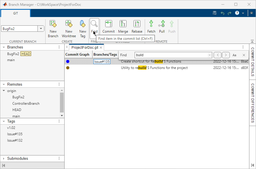Find capability in Branch Manager. The text "build" in the Find tool above the history graph. The graph only shows commits that have the text "build" highlighted in yellow.
