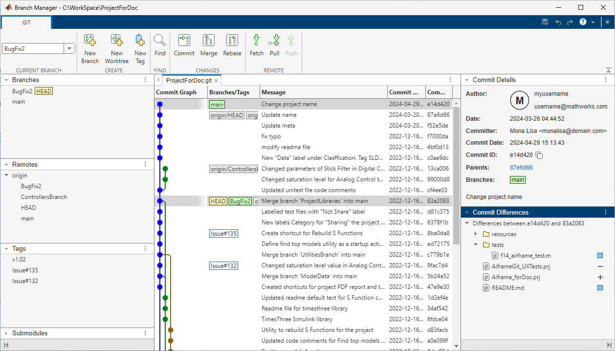 Branch Manager tool. Toolstrip on the top, commits graph in the center, branches, remotes, and tags on the left, and details about selected commits on the right.