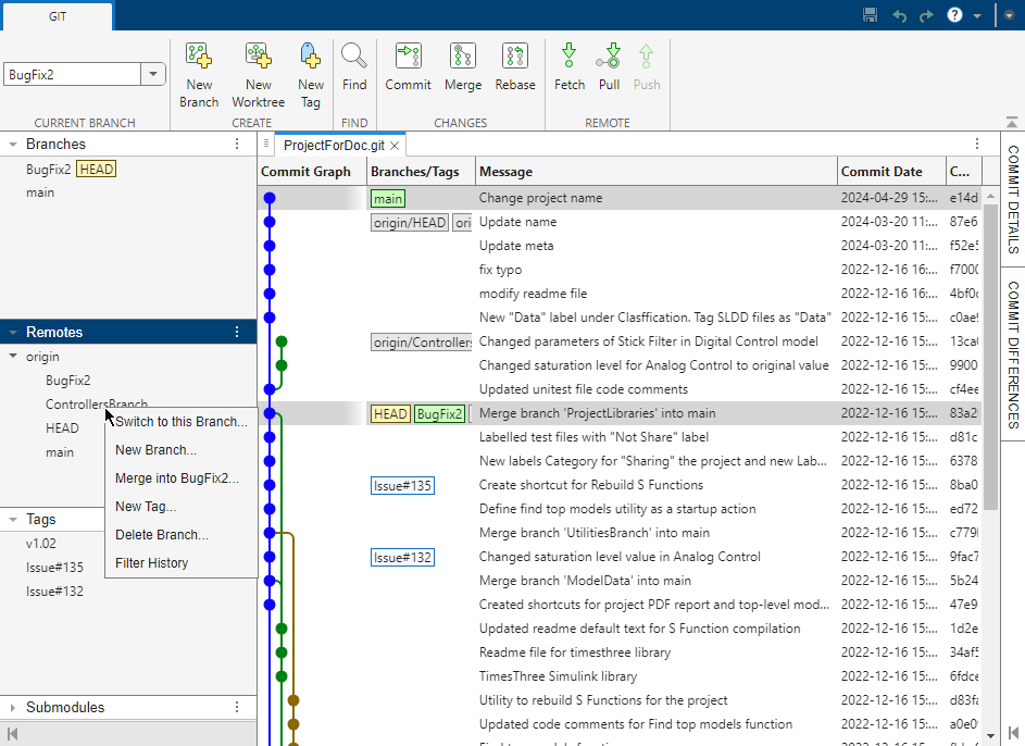 Left pane of the Branch Manager with a context menu on a remote in the Remotes section