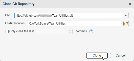Clone Git Repository dialog box shows a URL and Folder location, one check box for shallow clone, and Clone and Cancel buttons.