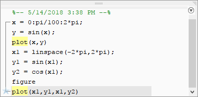 Command History showing a list of previously run commands and two instances of the word plot highlighted in yellow