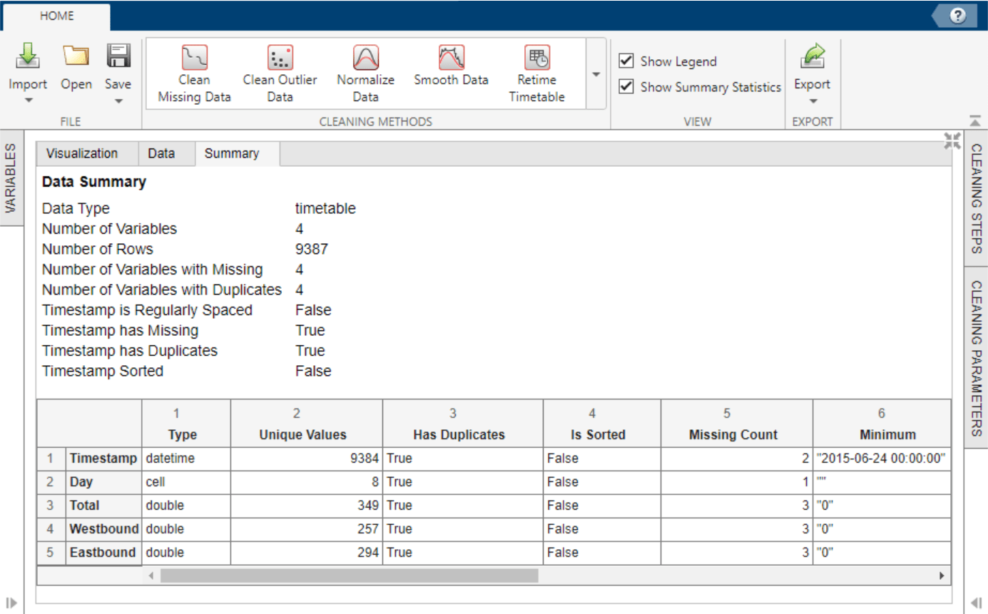 Summary tab with a data summary including timetable statistics and variable statistics