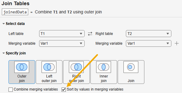Join Tables Live Editor task, showing the check box for sorting output table rows by values in the merging variables