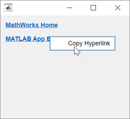 UI figure window with two hyperlink UI components. A context menu with a "Copy Hyperlink" menu item is open and the pointer is pointing to the menu item.