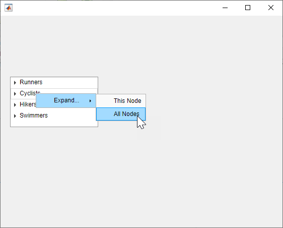 A context menu associated with the "Cyclists" node. The "Expand" menu option is highlighted, and there is a submenu with options "This Node" and "All Nodes".