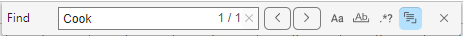 Find toolbar, displaying one result for the text Cook within the selection