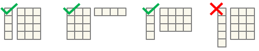 Four vector-matrix pairs. The first three pairs are valid combinations because the length of each vector matches one of the dimensions of its corresponding matrix. The last pair is not a valid combination because the length of the vector does not match either dimension of the matrix.