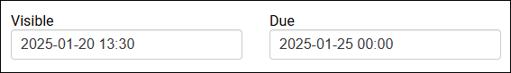 Sample assignment Visible and Due entry boxes. The entry in the Visible box is 2025-01-20 13:30 and the entry in the Due box is 2025-01-25 00:00.