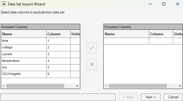 Data Set Import Wizard choose columns to include.