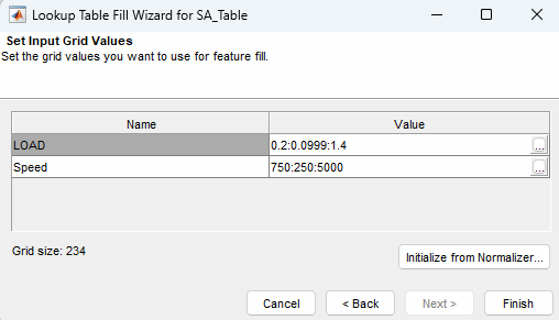 Lookup table fill wizard input grid values when model and feature inputs are connected.