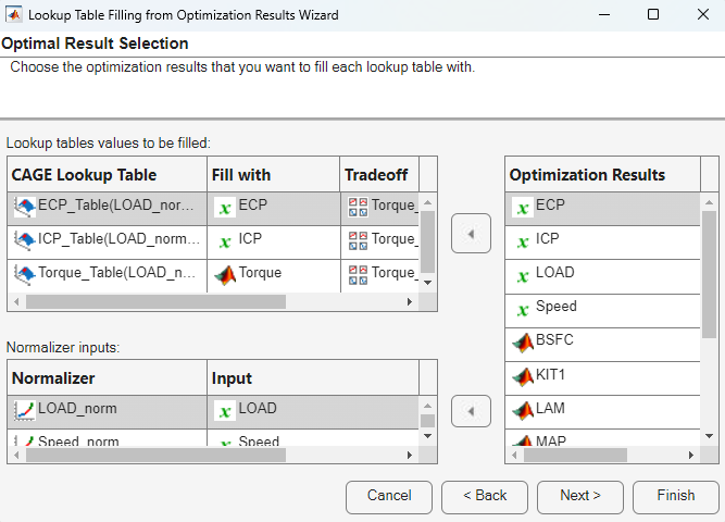 Lookup Table Filling from Optimization Results Wizard dialog box displaying the Optimal Result Selection.