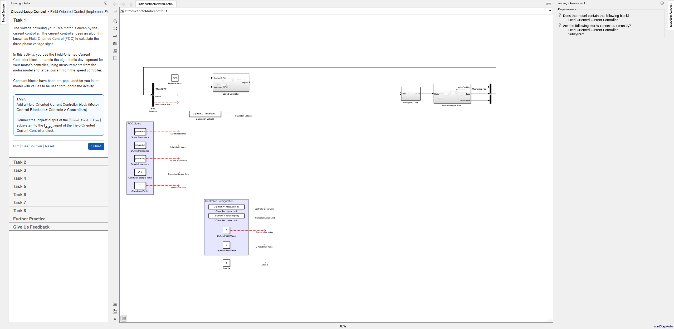 Introduction to Motor Control describes the task, displays an interactive model, and assesses whether the model matches the requirements set by the training.