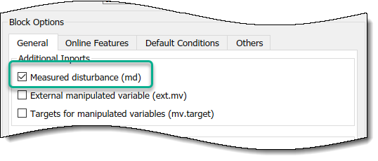 Section of the Block Parameters dialog box for the MPC Controller, highlighting the Measured disturbance check box.