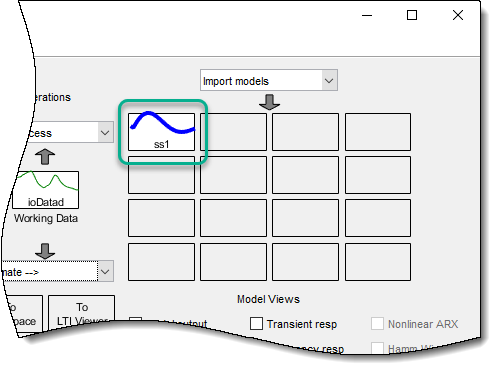 Upper right section of the System Identification app, showing ss1 in the Model Views area.