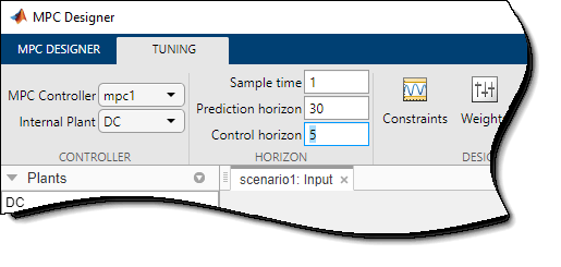 MPC Designer window top left section, showing the horizon section of the tuning tab, with Sample time, Prediction, and Control horizon settings.