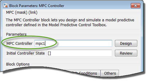 MPC COntroller field of the Block Parameters dialog box.