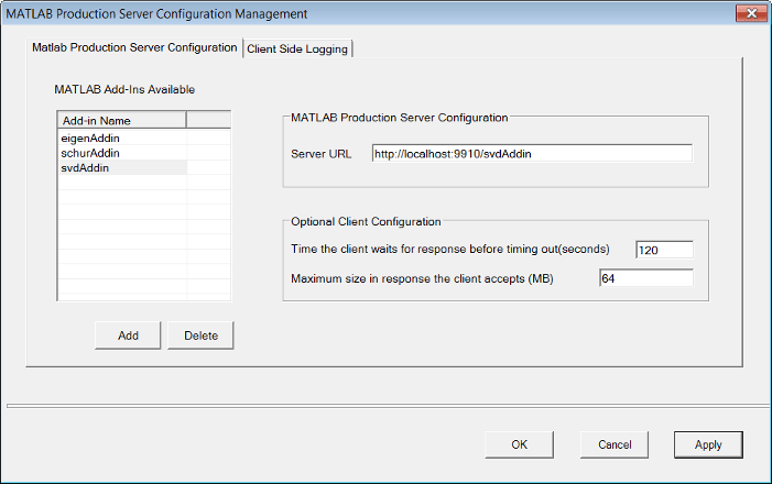 Screen shot of MATLAB Production Server configuration management where you can configure the server URL and timeout.