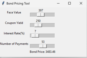 Bond pricing tool window with a scale for each input