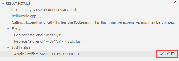 Result Details view with a potential justification and the options available