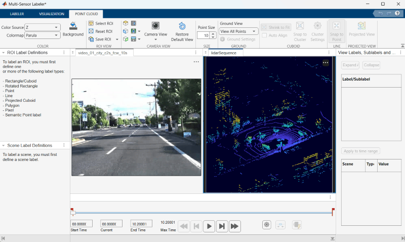 Mulit-Sensor Labeler app UI showing loaded video and point cloud signals.