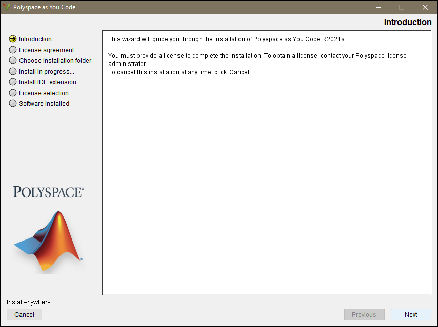 Polyspace as You Code installer interface