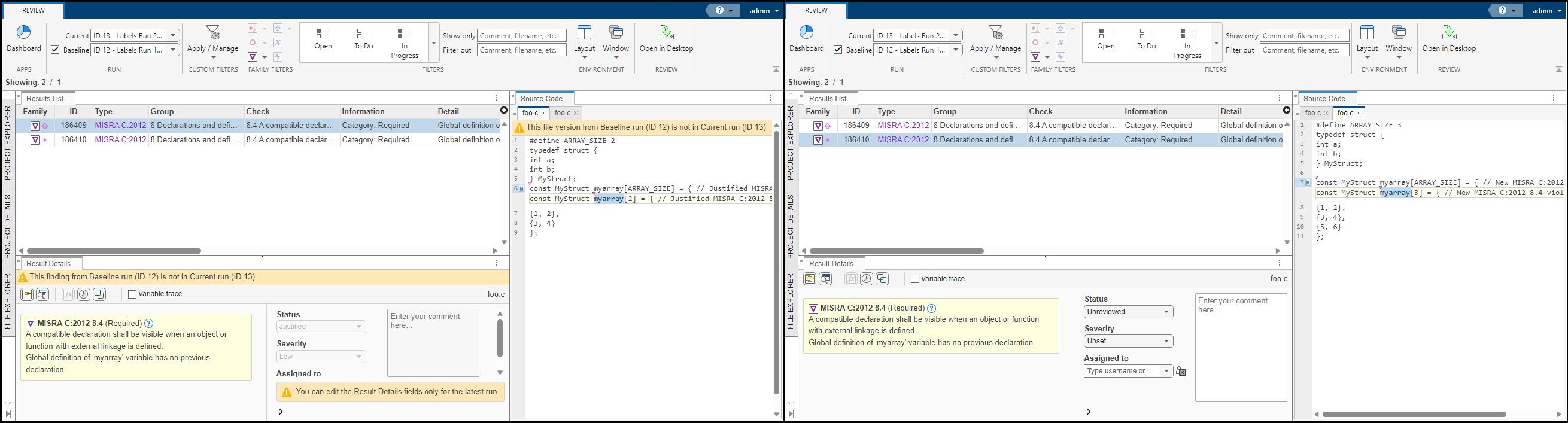 Two screenshot examples of Polyspace Access runs. The left image shows the Justified result. The right image shows the New result due to the ARRAY_SIZE 3 code change.