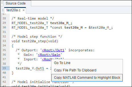 Right-click on a link in source code comments and select Copy MATLAB Command to Highlight Block.