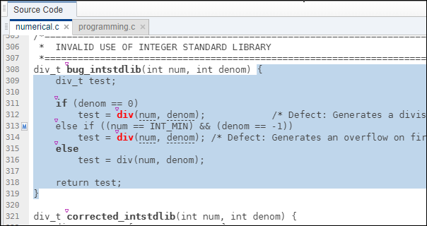 Clicking the opening or closing brace of a block of code highlights the entire block.