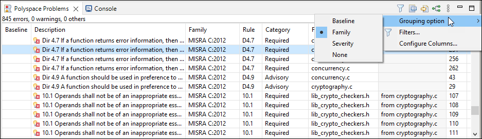 Polyspace as You Code Problems view in Eclipse