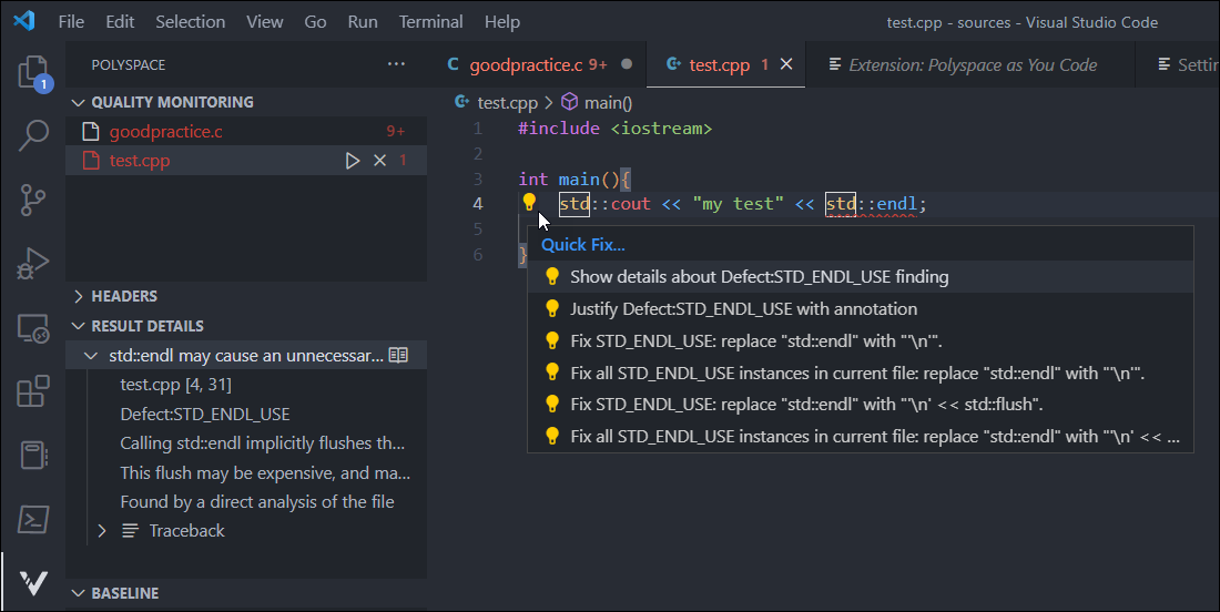 VSCode light bulb menu