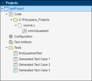 Generated tests appear below manually written tests in Tests node of project.