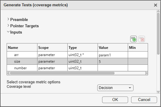 Inputs section of test generation dialog showing all function inputs.