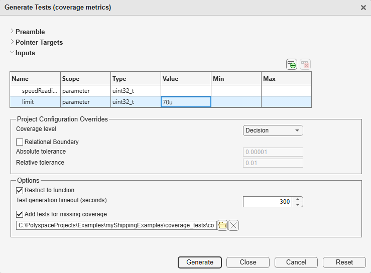 The second parameter 'limit' is fixed at 70u while values are generated for the first parameter.