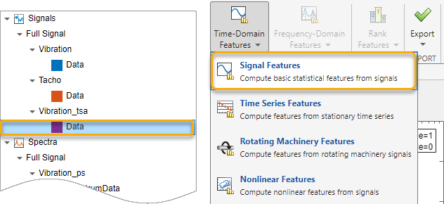 Signals list with the Vibration-tsa signal selected on the left, and Time-Domain Features list on the right. Signal Features is the first option on the list