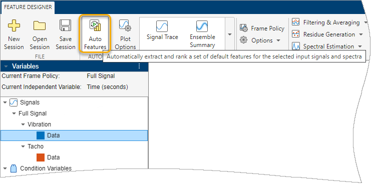 The selected variable is in the middle of the column on the left. The Auto Features button is the fourth item in the toolstrip at the top.