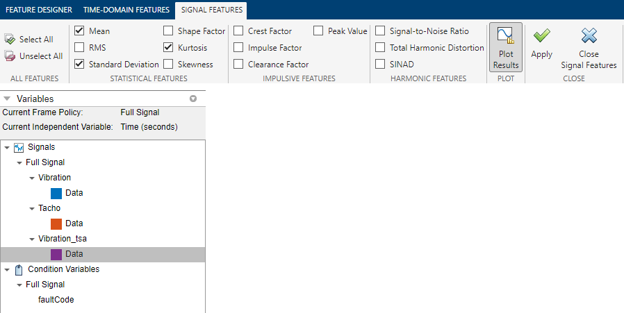 The Signal Features tab is on the top. The Statistical Features section, which is the first feature-selection section of the tab, includes the selected features. The Variables pane on the bottom shows that Vibration_tsa is selected.