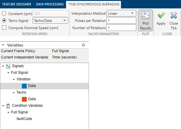 The Time-Synchronous Averaging tab is on the top. The Variables pane is on the bottom.