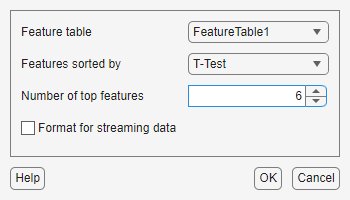 Options on Diagnostic Feature Designer for specifying features to include in code generation