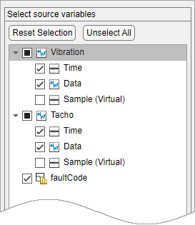 Source variables pane with Vibration, Tacho, and FaultCode in a column