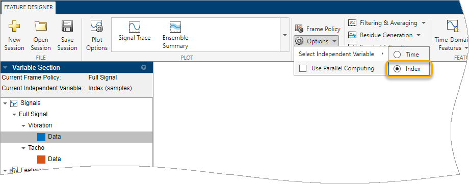 The app toolstrip is on the top. The Options menu is positioned in the right third of the toolstrip. In the menu, Index is the bottom item on the right .