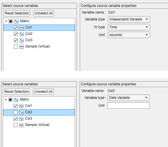 Matrix variable assignments. Col1 is on the top. The properties display on the right contains "Independent Variable" for variable type. Col2 is on the bottom. The variable type on the right is "Data Variable".