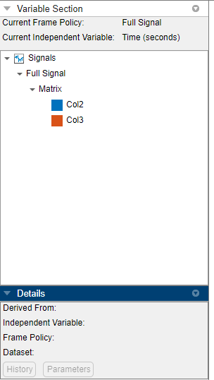 Variables pane. The top box contains Col2 and Col3. The bottom box contains the details pane, which has no information because no signals are selected.