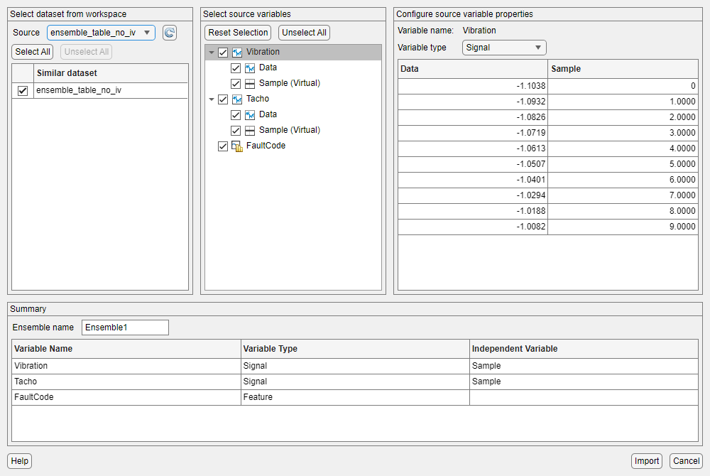 The name of the workspace variable is selected on the left. The source variables within that dataset are listed vertically in the middle. A preview of the vibration data is on the right.