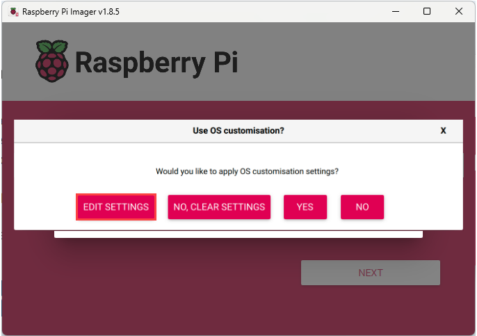 OS customization settings dialog box in the Raspberry Pi Imager app