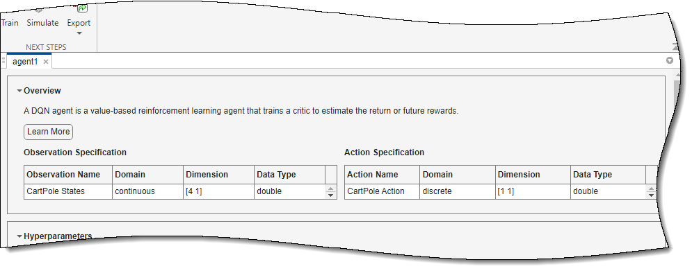 Reinforcement Learning Designer with the agent window open, showing the overview section