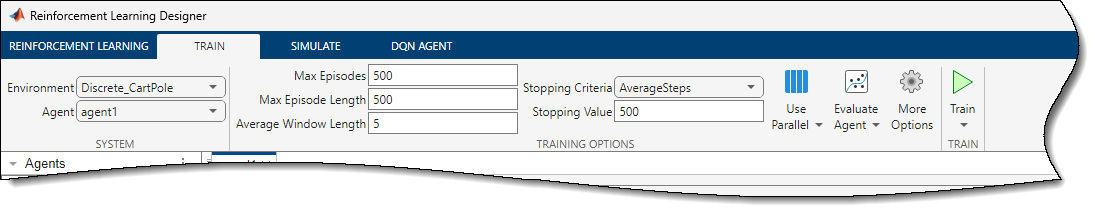 The Train tab, showing example training options.