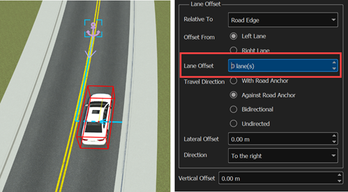 Selected sedan actor and accompanying attributes pane with the Lane Offset attribute highlighted